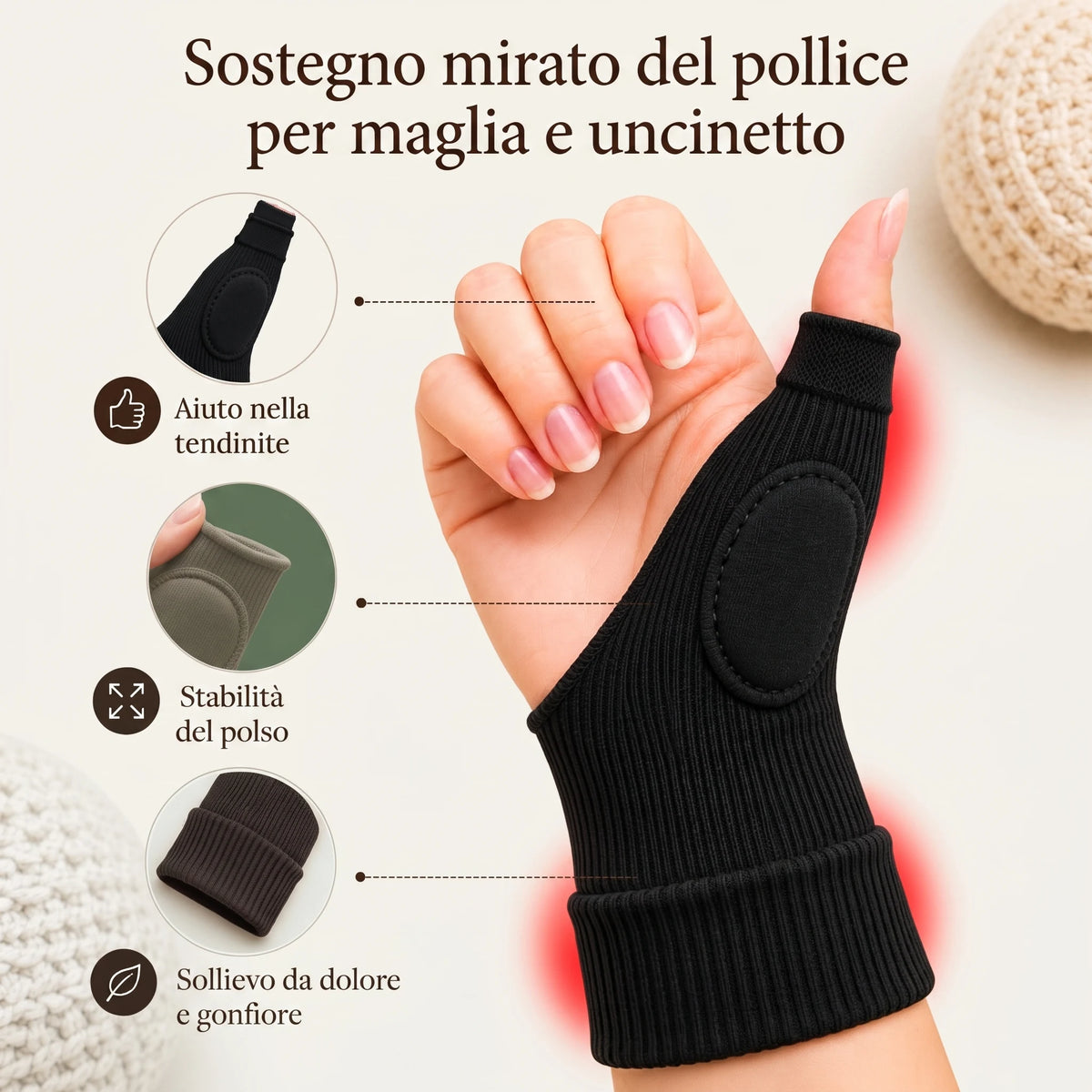 Tutore pollice Tortorina nero indossato sulla mano