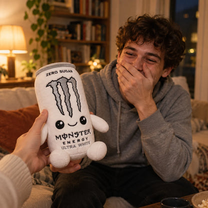 Ragazzo che ride ricevendo in regalo la peluche lattina