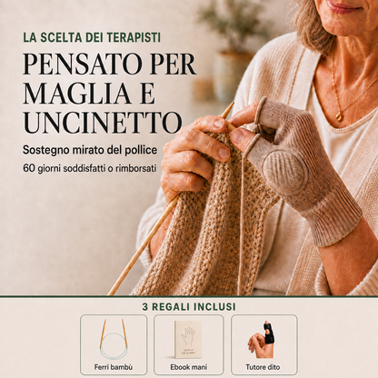Tutore Pollice Tortorina beige in evidenza per lavorare a maglia, con una piccola fascia dei tre regali inclusi